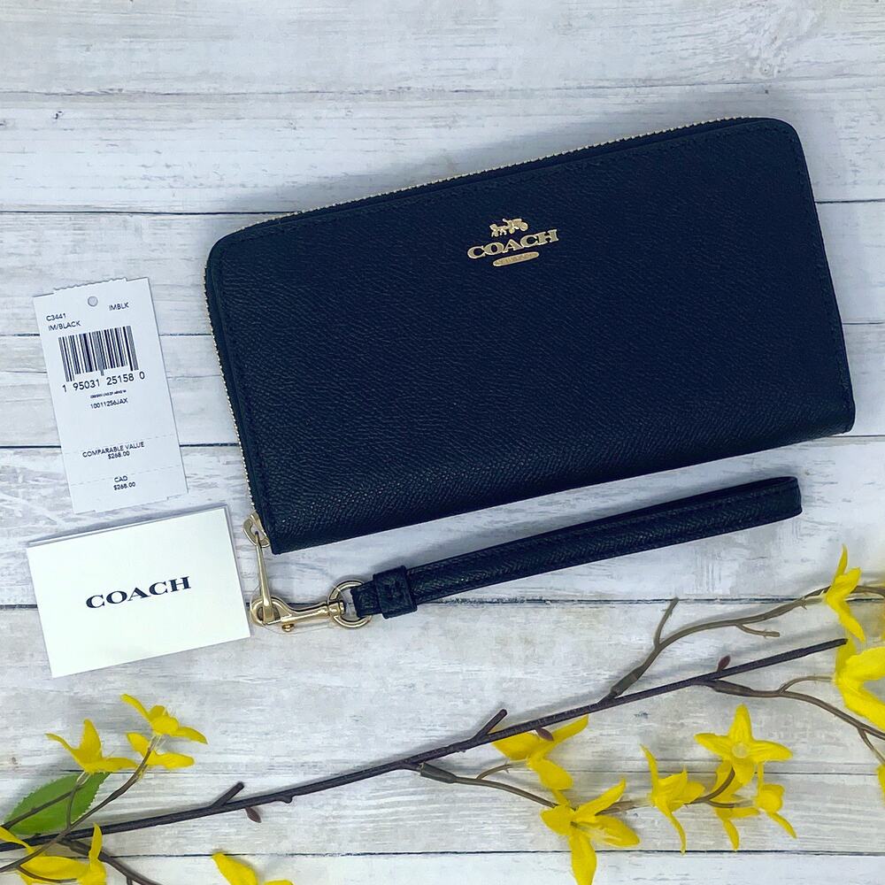 Coach Long Zip Around Wallet in Gold/Black Leather C3441 - Picture 3 of 5
